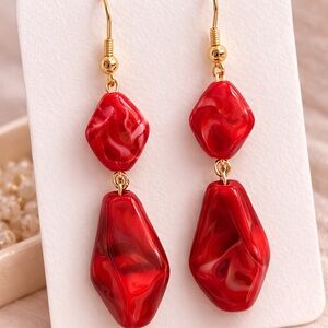 Red Marbled Resin Drop Earrings | Gold Tone Geometric Statement Earrings